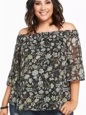 Torrid Off Shoulder Floral Blouse Sz 2 (2X) Black Sheer Boho Flowy Top Romantic